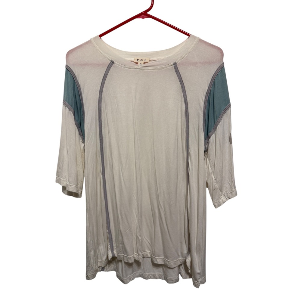 POL Cream Teal Gray Stitch Detail 3/4 Sleeve‎ Graphic T Shirt Top Women's Small